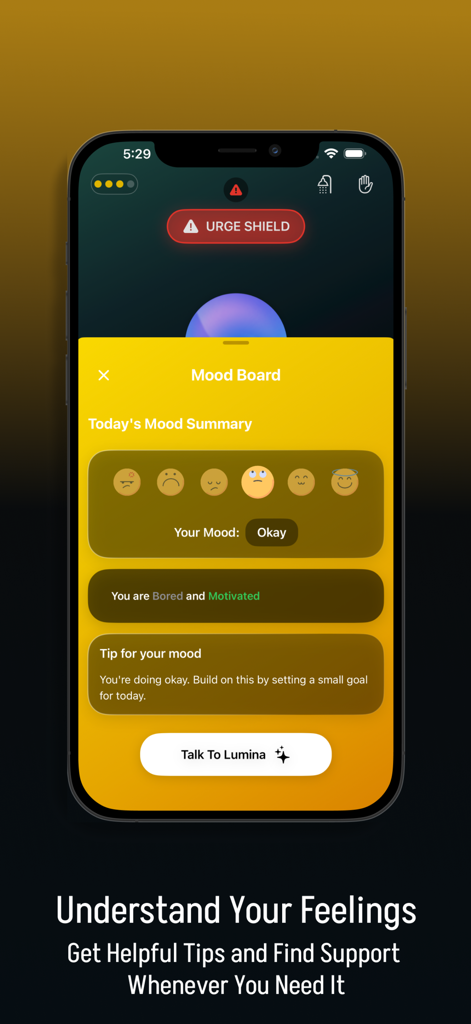 Unhook: Quit Porn & Reboot - The mood board interface in the Unhook app showing a daily mood summary with emojis and a button to talk to the AI coach Lumina