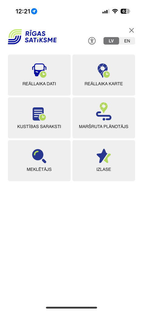 Rīgas satiksmes koda biļete - リアルタイムマップやルート計画などの交通ナビゲーションオプションを表示するリガ交通モバイルアプリのメインメニュー