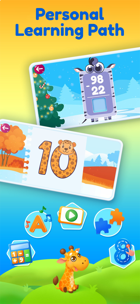 Phonics, reading kindergarten - A colorful mobile app interface displaying a personal learning path for children featuring math literacy and puzzle activities