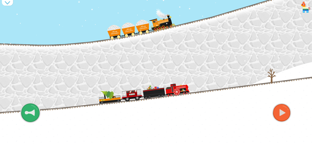 Labo Christmas Train:Kids Game - Two customized toy trains driving on snowy tracks in a winter landscape from the Labo Christmas Train game.