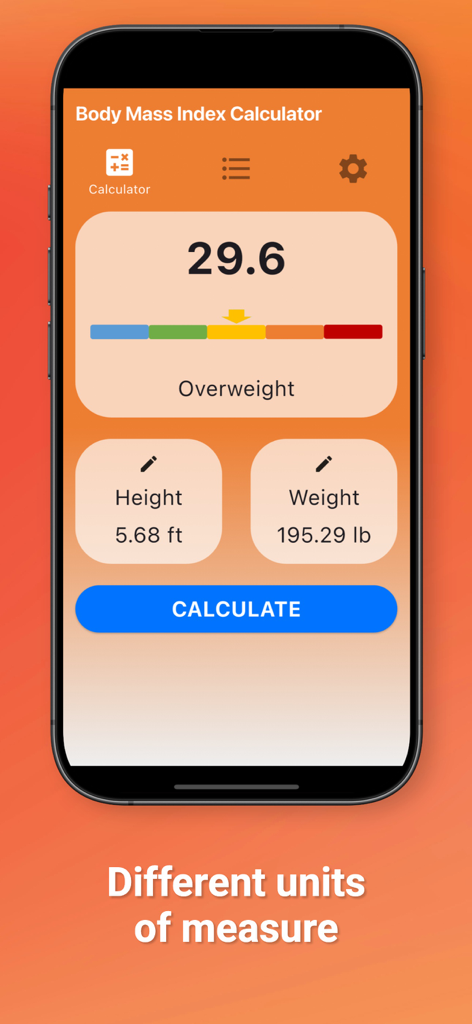 Body Mass Index Calculator App - Interface of the Body Mass Index Calculator app showing a BMI result of 29.6 categorized as overweight with height in feet and weight in pounds.