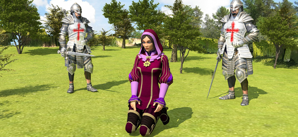 Warrior of Epic Ancient Battle - Dos caballeros con armadura plateada con cruces rojas parados junto a una mujer arrodillada en un campo.