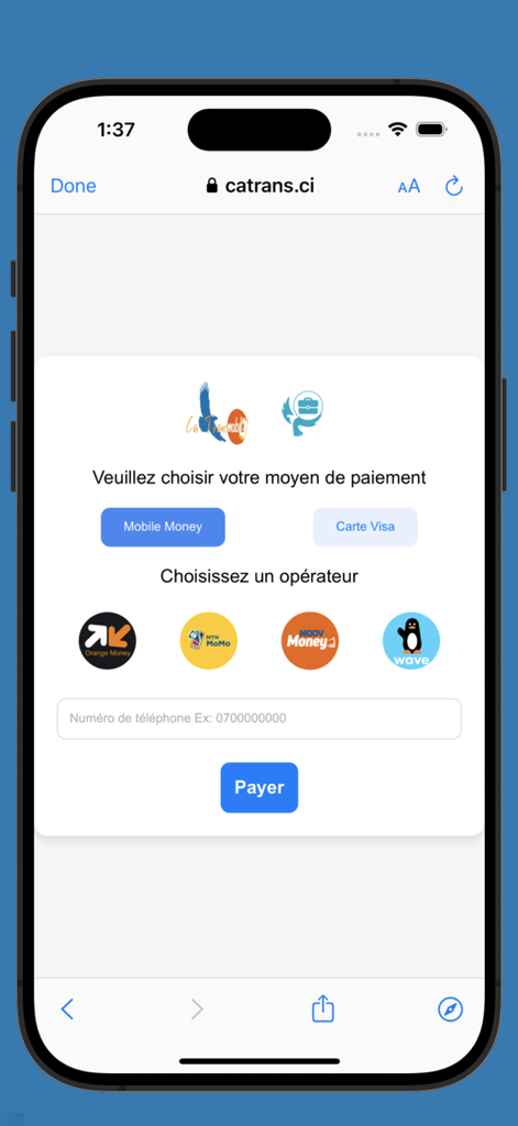 Catrans Mobile - Catrans Mobile payment interface with options for mobile money and visa card