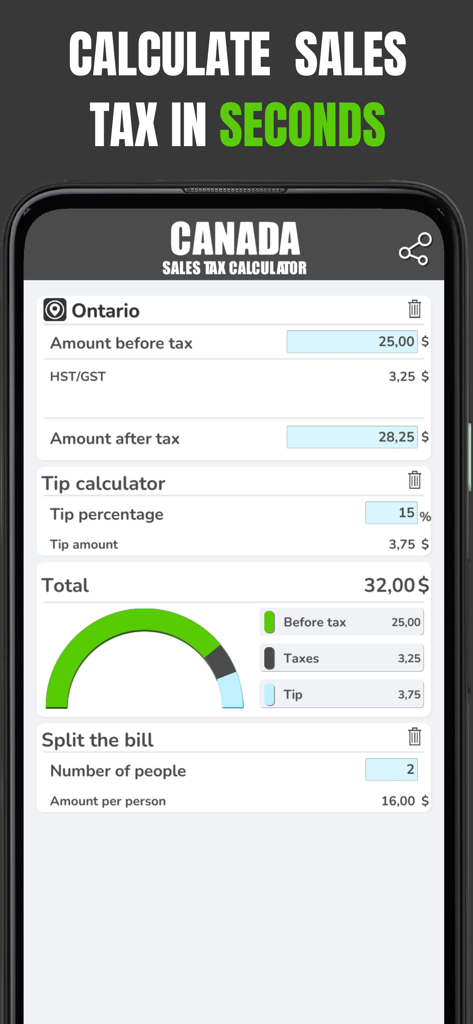 Canadian Sales Tax Calculation - Screenshot of the Canada Sales Tax Calculator app showing tax and tip calculation with a bill splitting feature for Ontario.