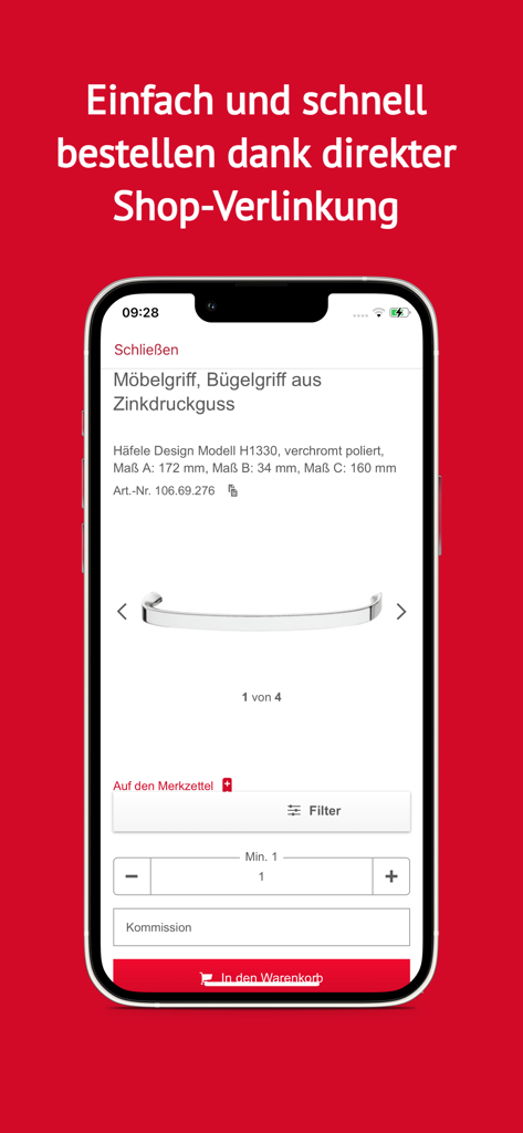 Häfele Catalogue - Schermata dello smartphone che mostra una pagina di prodotto di maniglia per mobili nell'app Catalogo Häfele con un collegamento diretto al negozio.
