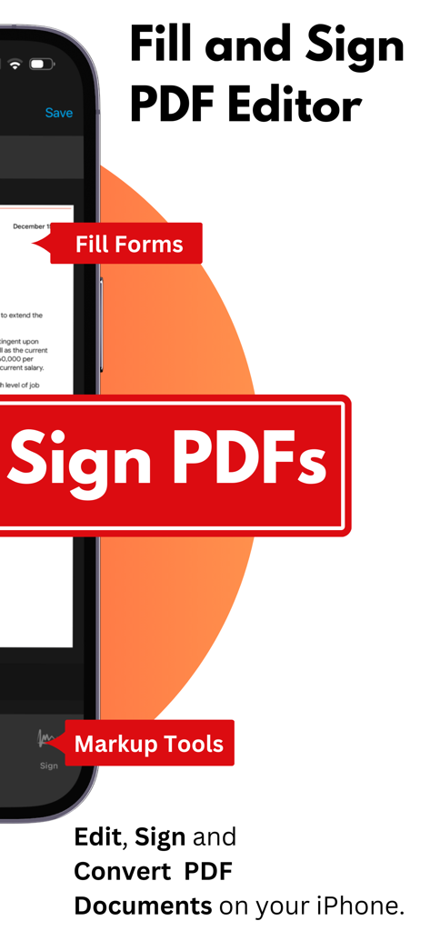 Fill & Sign: PDF Filler Editor - A screenshot of the Fill and Sign PDF Editor app for iPhone highlighting features like filling forms and signing PDFs