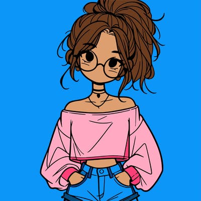 girl with a messy ponytail glasses a baggy crop top and jean shorts
