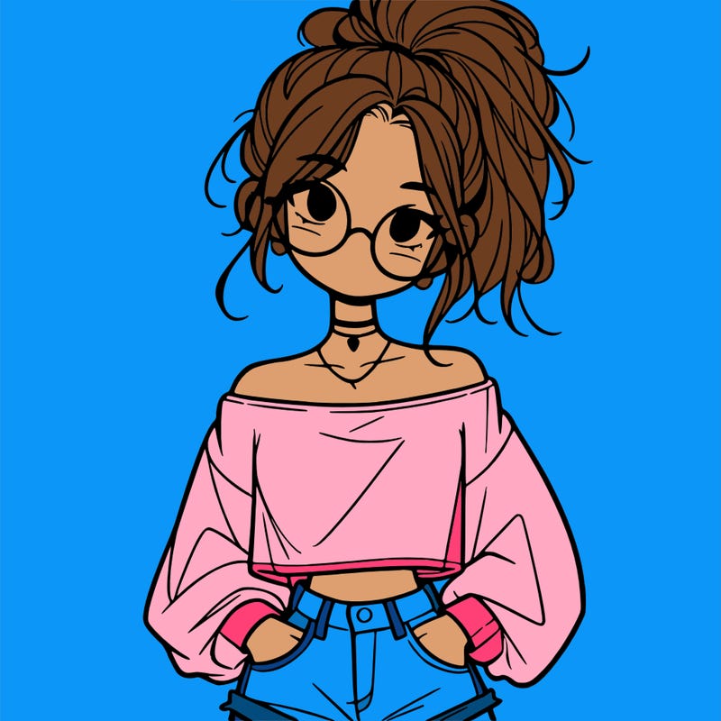 girl with a messy ponytail glasses a baggy crop top and jean shorts