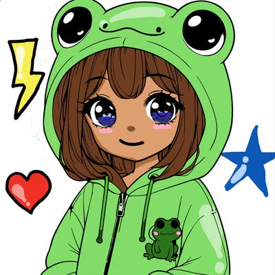 cute realistic girl in a froggy hoodie
