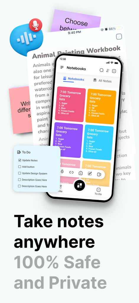 Notebook : AI Voice Note Taker - Smartphone screen showing colorful digital notes and a to-do list within the Notebook app