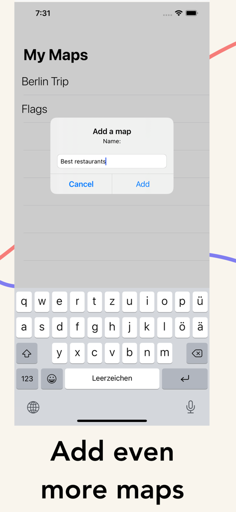 MapDraw App-Bildschirm, der ein Popup zum Hinzufügen und Benennen einer neuen benutzerdefinierten Karte zeigt.