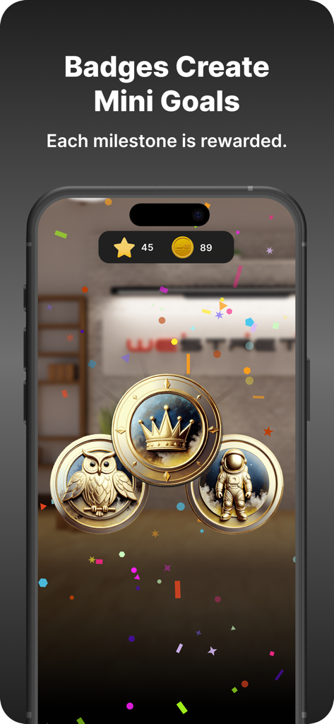 WeStretch: Stretching & Splits - Interface do aplicativo WeStretch exibindo distintivos de marco dourados e metas de recompensa