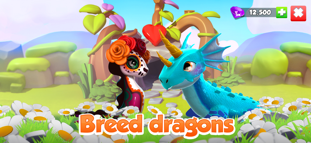 Dragon Mania Legends - Deux dragons colorés dans un champ de marguerites, avec une icône en forme de cœur et le texte « Élever des dragons ».
