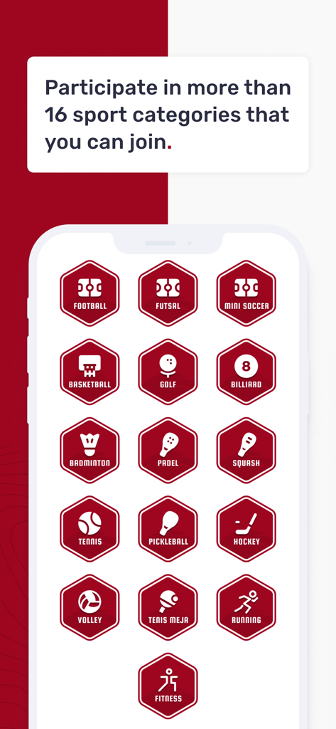 Schermata dell'app mobile che mostra varie icone sportive tra cui calcio, basket e tennis