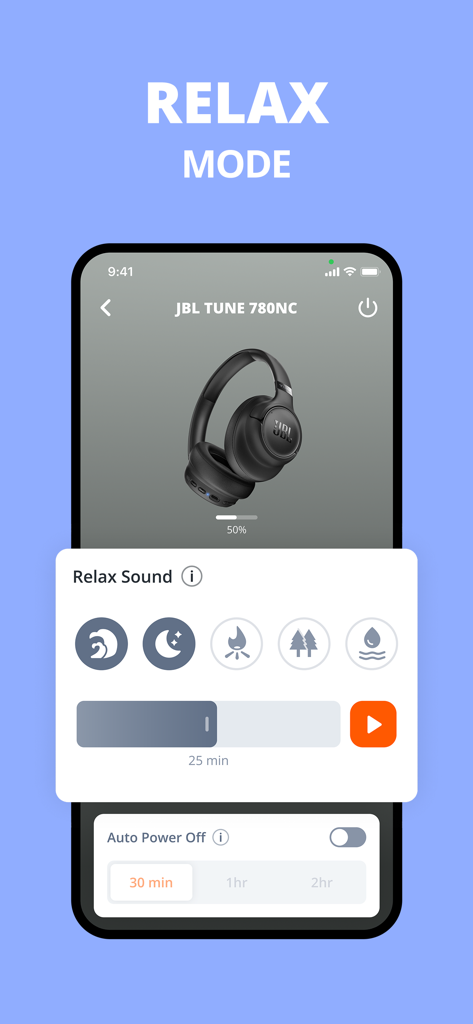 JBL Headphones app interface showing Relax Mode with ambient sound options and an auto power off timer