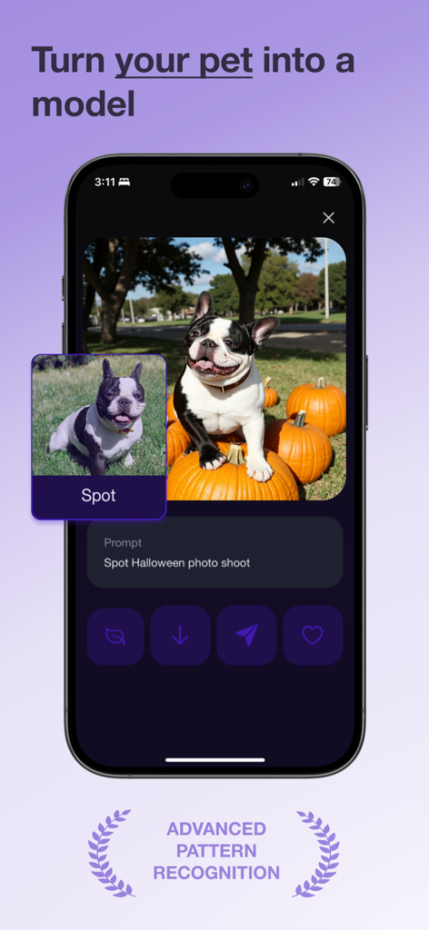Real Photo AI App-Oberfläche, die eine französische Bulldogge in einem KI-generierten Halloween-Fotoshooting auf Kürbissen zeigt.