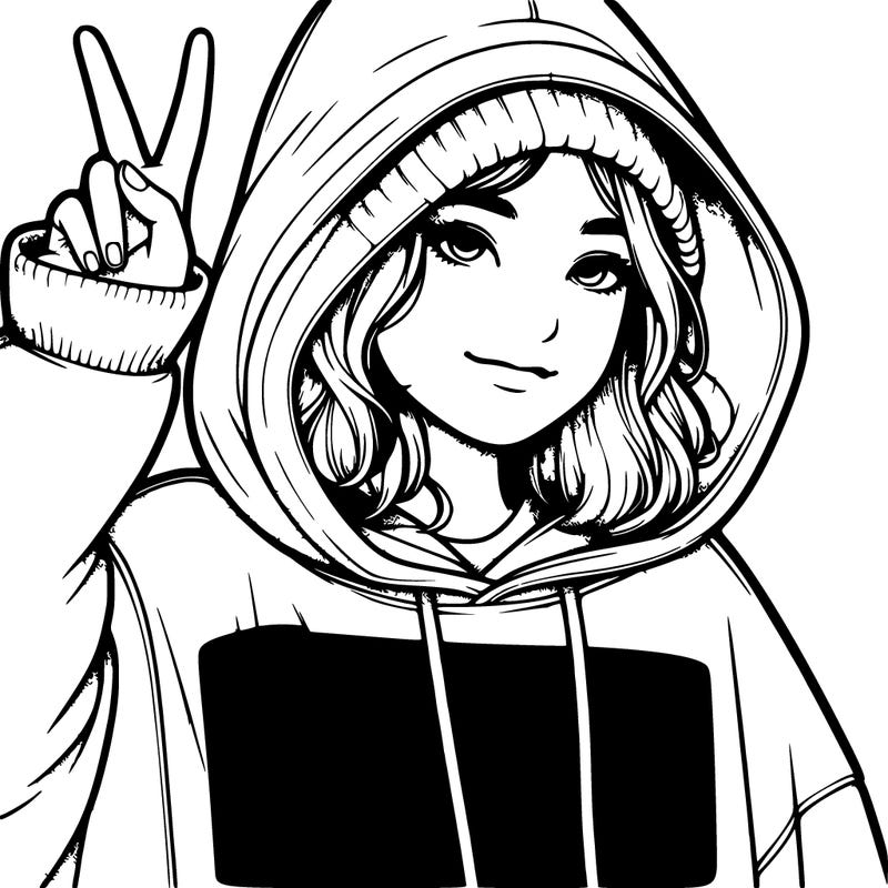 realistic girl in an oversized hoodie showing an ✌️