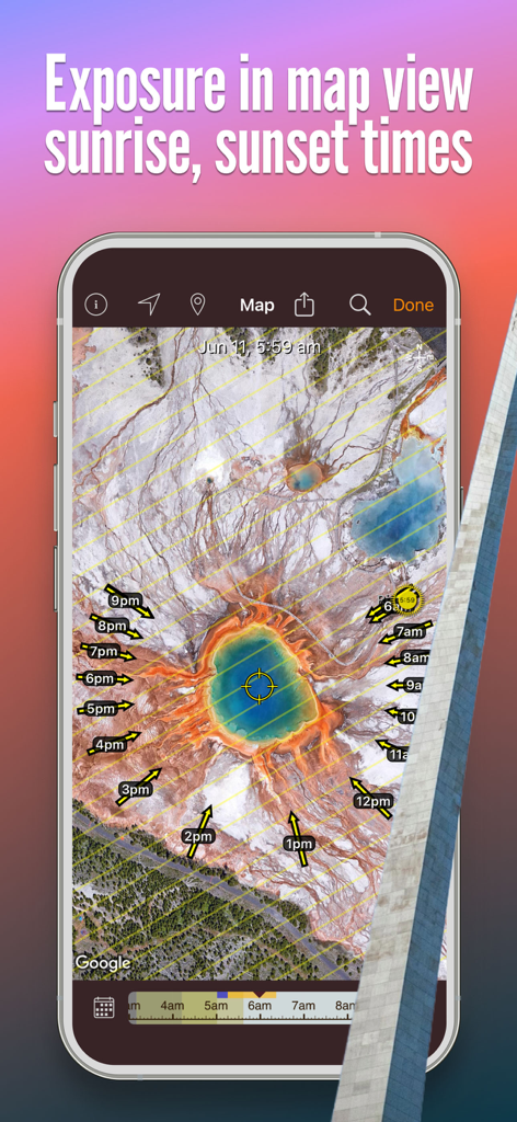 Sun Seeker app map view showing sunlight exposure and hourly solar path over a satellite map