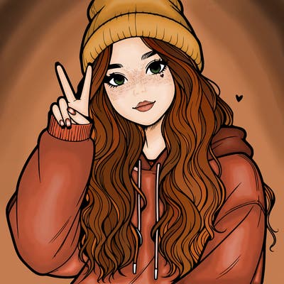 a teenage girl in a beanie, oversized sweatshirt, wavy long hair, and is showing a ✌️