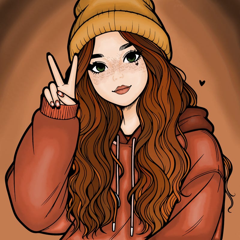 a teenage girl in a beanie, oversized sweatshirt, wavy long hair, and is showing a ✌️