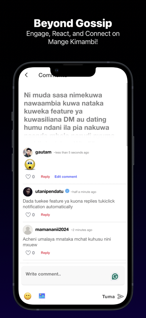A smartphone screen displaying the comments section and user interactions within the Mange Kimambi app