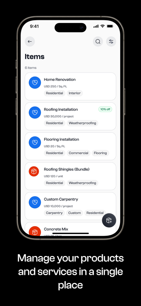 Invoice Maker: InvoEase - InvoEaseアプリのインターフェース。ユーザーが請求用のプロフェッショナルな商品やサービスを管理できるアイテム画面を表示。
