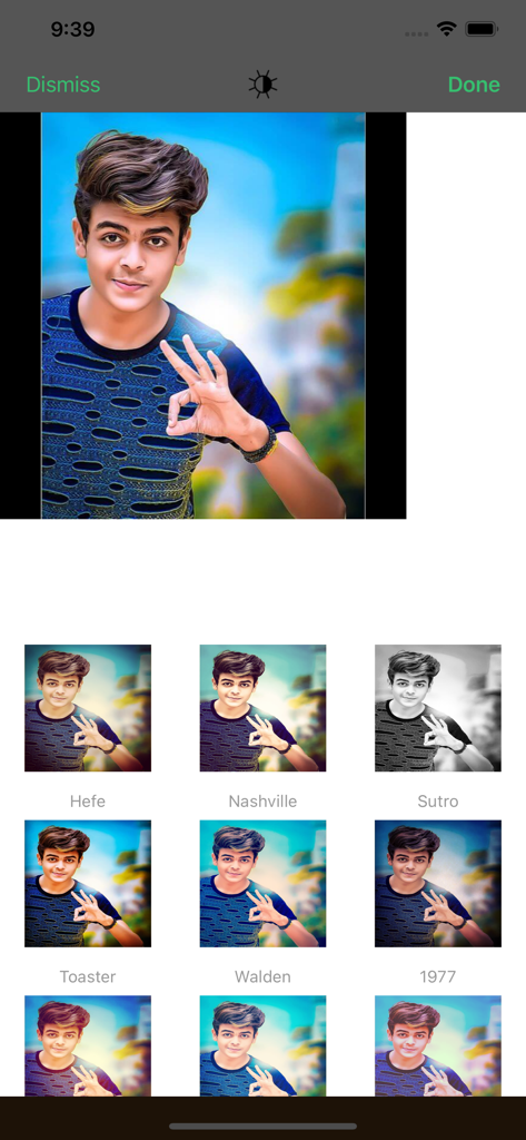 Uma captura de tela da interface do aplicativo Photo Lab mostrando o retrato de um jovem com várias opções de filtro como Hefe, Nashville e Sutro.