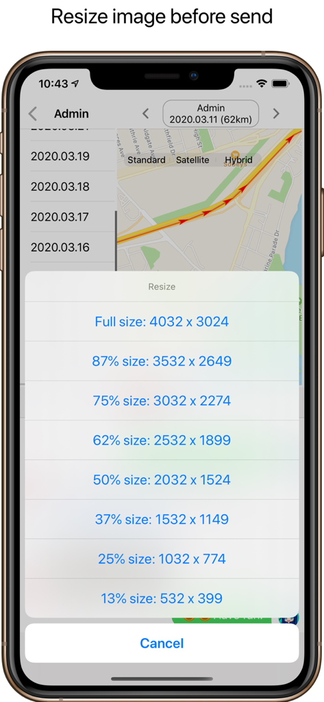 GPS Tracker+ - Capture d'écran de l'application GPS Tracker Plus affichant un menu pour redimensionner les images avant de les envoyer.