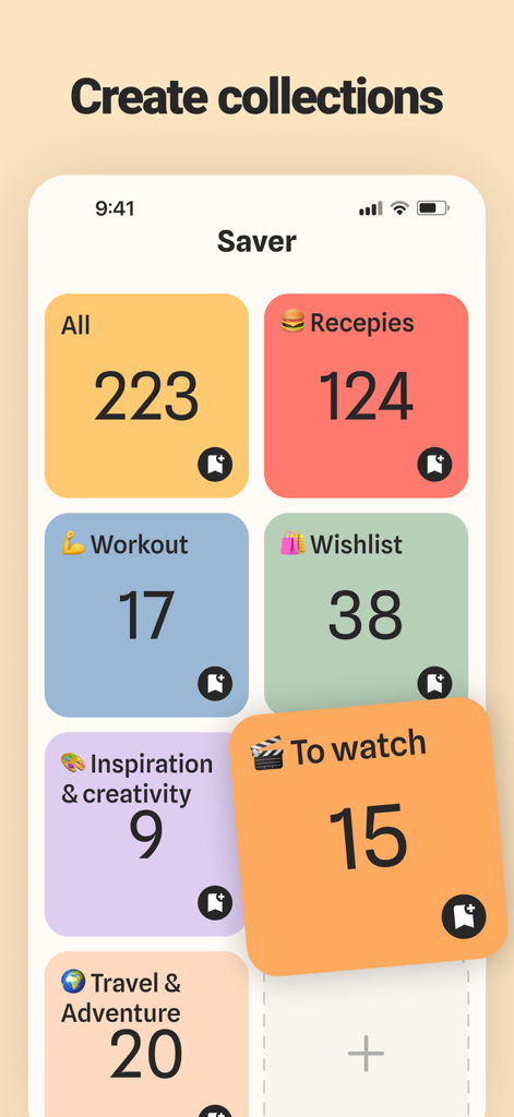 Bookmark manager - CentralSave - CentralSave app interface showing colorful categorized folders for saved social media content like recipes workout and wishlist