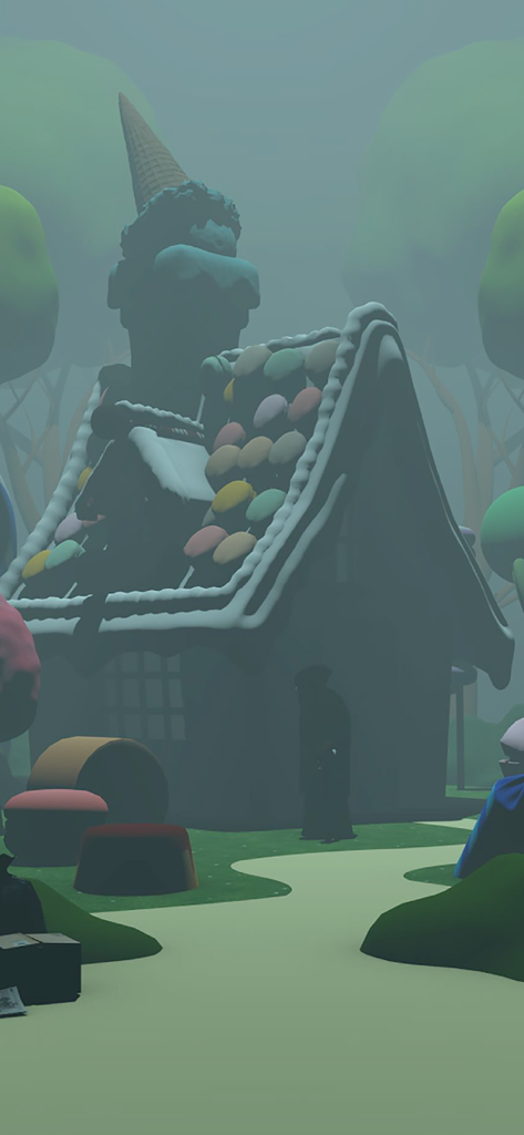 안개 낀 숲 속, 아이스크림 콘 굴뚝과 마카롱 지붕이 있는 환상적인 사탕 집