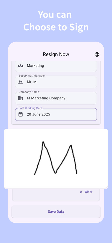 resignation letter -resign now - Electronic signature screen in the Resign Now app for a professional resignation letter