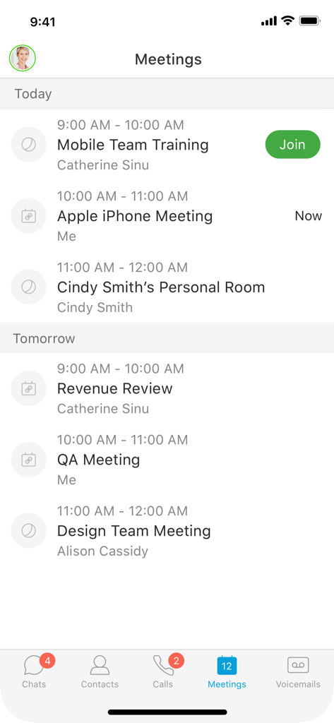 Cisco Jabber - Cisco Jabber meetings screen showing a list of scheduled corporate calls and training sessions