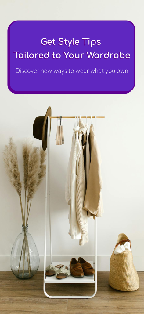 personal stylist - Stylaime - Eine minimalistische Kleiderstange mit neutralen Outfits und einem Banner, das personalisierte Styling-Tipps für Ihren Kleiderschrank bewirbt.