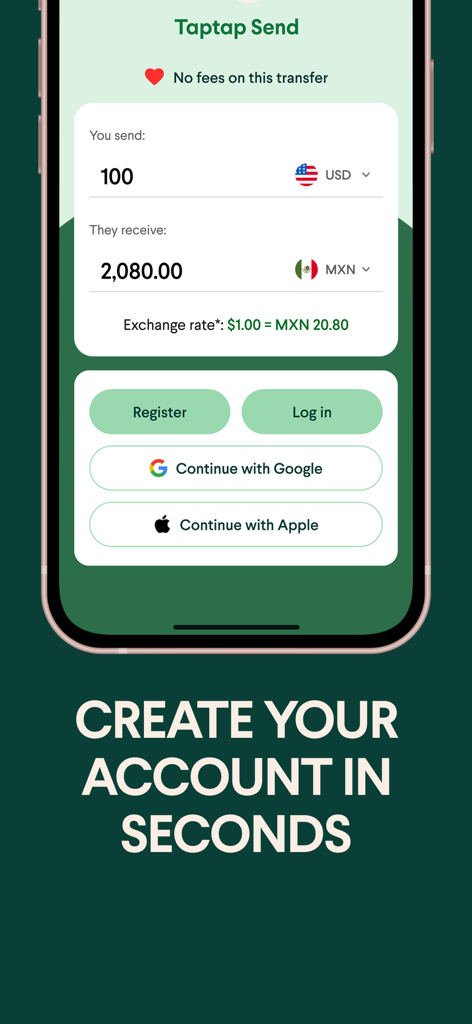 Taptap Send app registration screen showing currency conversion from USD to Mexican Pesos with no transfer fees