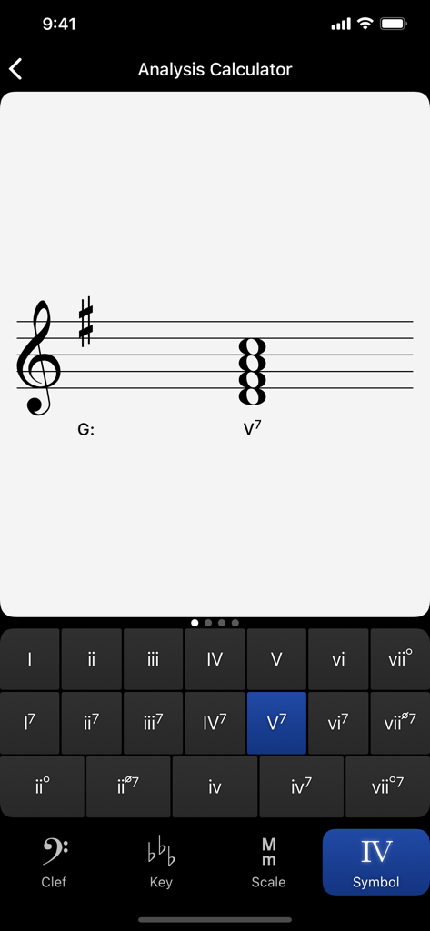 Tenuto - A screenshot of the Tenuto app showing the Analysis Calculator for Roman numeral identification in G major