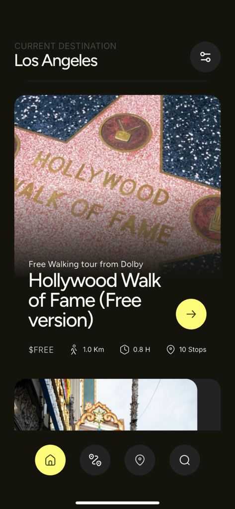 BYG TOURS app screen showing a free self guided walking tour of the Hollywood Walk of Fame in Los Angeles