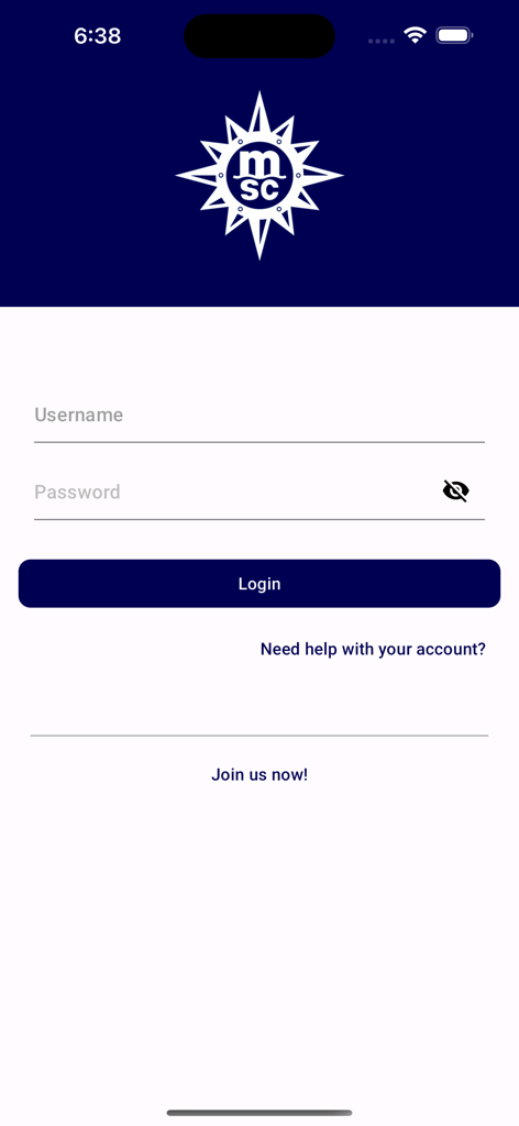 MSC Crewing Services - Login screen of the MSC Crewing Services app featuring username and password fields and the MSC company logo.