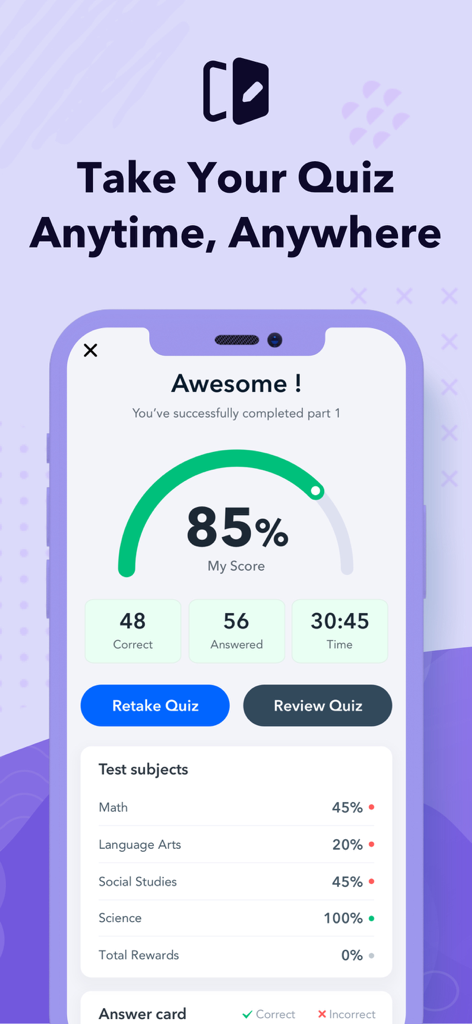 Una schermata dei risultati nell'app GED Practice Test 2025 che mostra un punteggio dell'85% e dettagli sulle prestazioni per materia