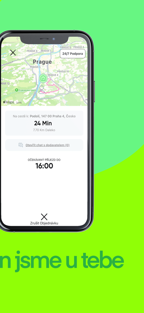 Tasker ČR - Tasker app interface showing real-time location tracking on a map with estimated arrival time and service details