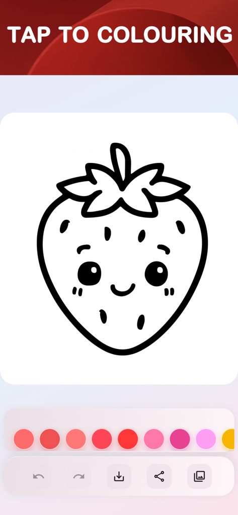 Satisfying Coloring ASMR - 귀여운 카와이 딸기 삽화가 빨간색과 분홍색 색상 팔레트로 디지털 색칠 페이지에 그려져 있습니다.
