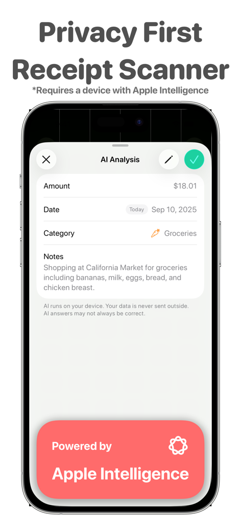 Budget Calendar: Simple Money - iPhone screen displaying the privacy-first AI receipt scanner feature for the Budget Calendar app