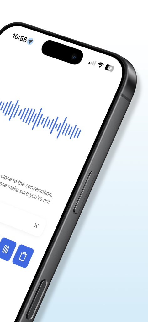 An iPhone screen displaying the Twofold AI Medical Scribe app recording interface with a blue audio waveform.