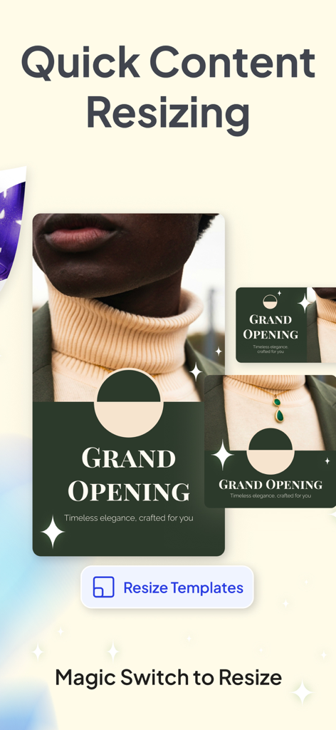 Mobile app interface showing the Fluer magic switch feature to automatically resize design templates for different social media formats.