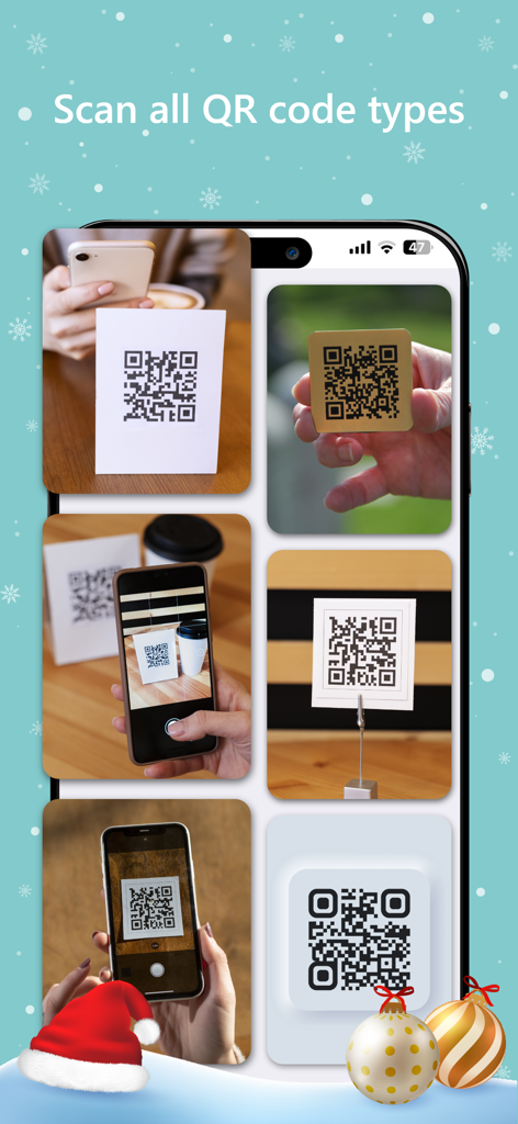QR Code & Barcode Reader © - Mobile app interface displaying various real world QR code scanning examples with holiday decorations