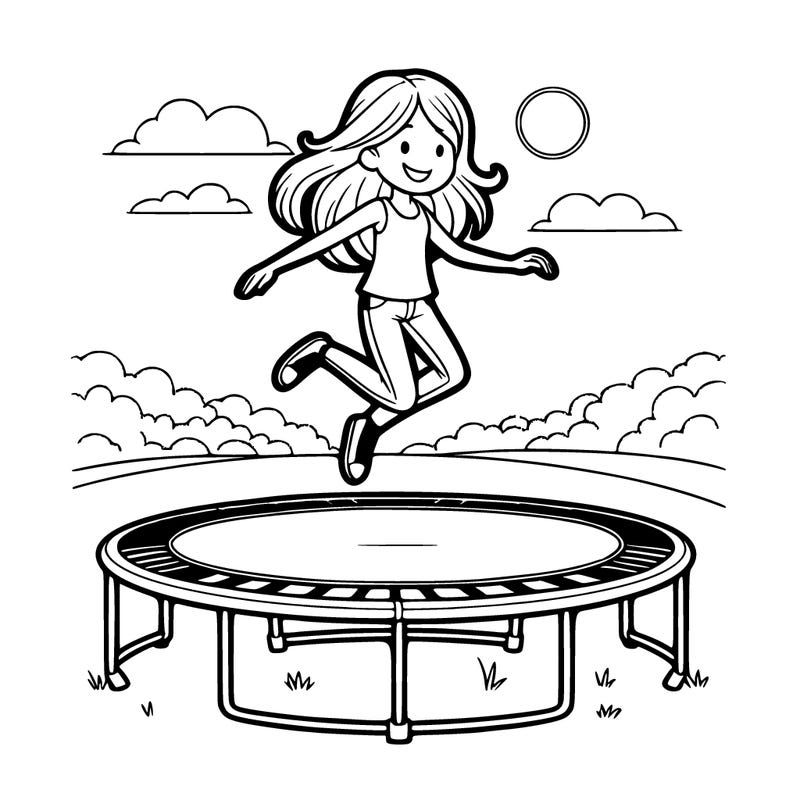 teen girl jumping on trampoline in backyard with clear skies and grass