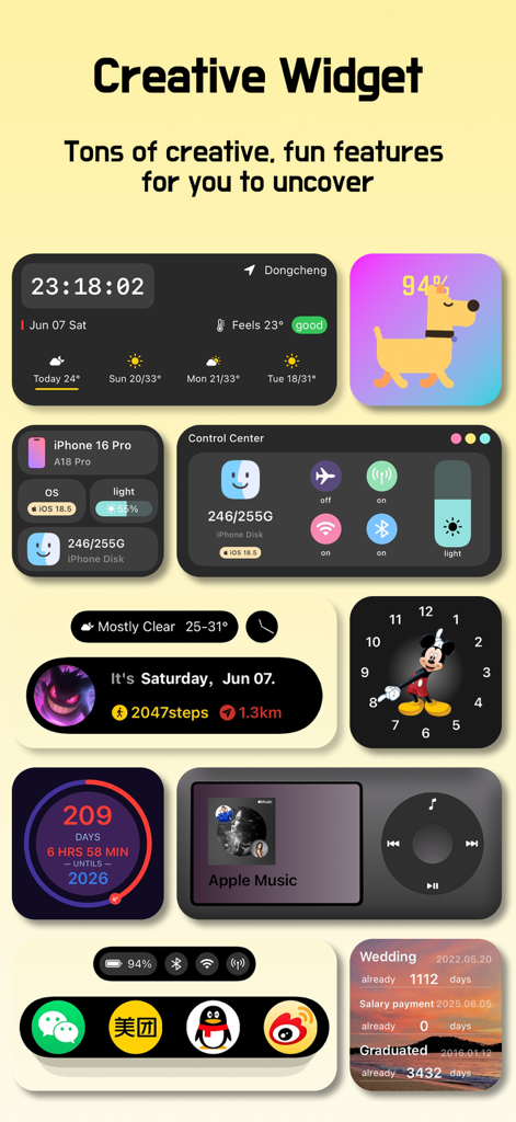 Widgets Flow - A variety of creative iOS home screen widgets including weather music player and device info panels