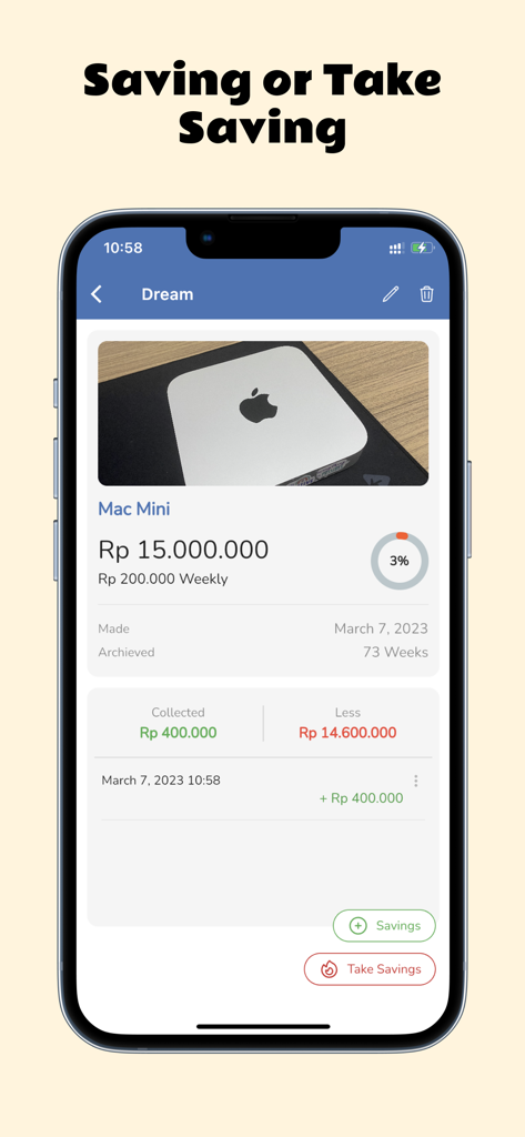 Tabungan Impian - Écran de l'application Tabungan Impian montrant un objectif d'épargne pour un Mac Mini avec suivi des progrès et boutons de dépôt
