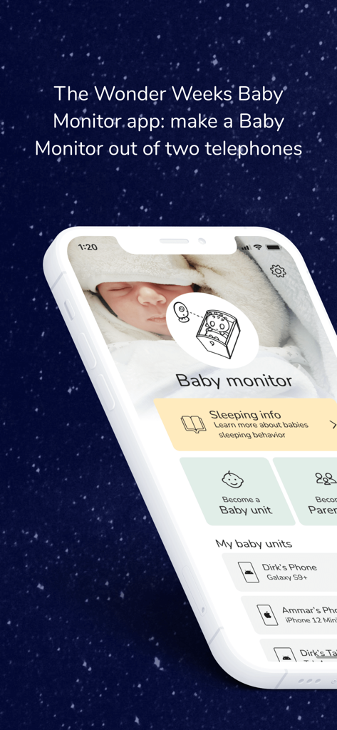 Die Benutzeroberfläche der Wonder Weeks Baby Monitor App auf einem Smartphone, die die Geräteeinrichtung und das schlafende Baby zeigt