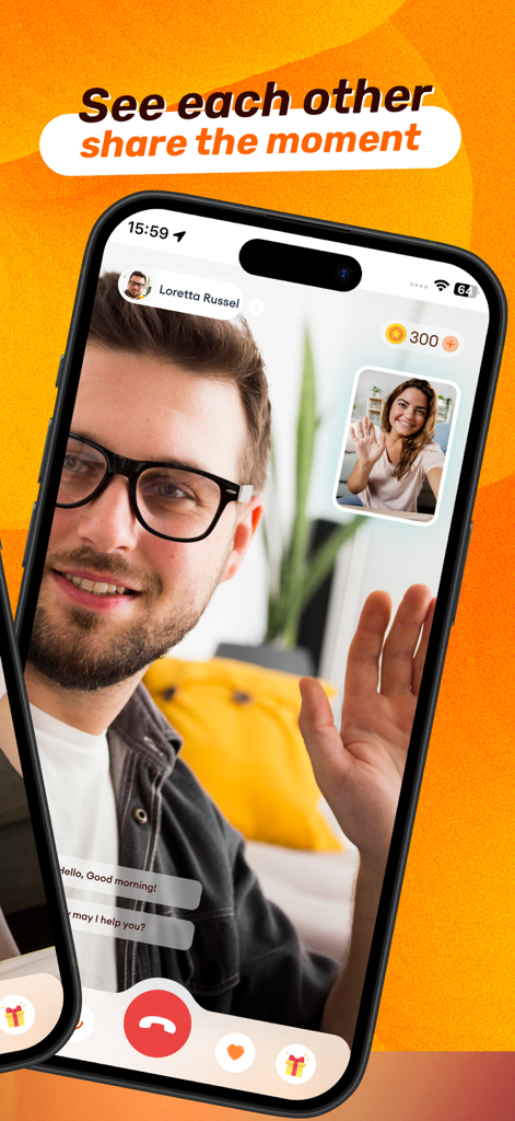 Cool Match: Voice & Video Chat - A man and woman waving to each other during a live video call on the Cool Match app interface.