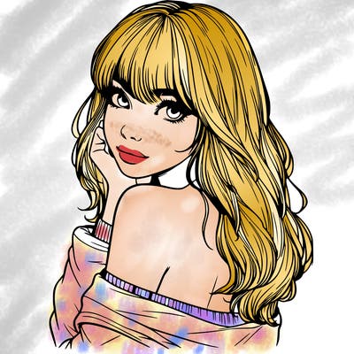 realistic girl with bangs looking over her shoulder